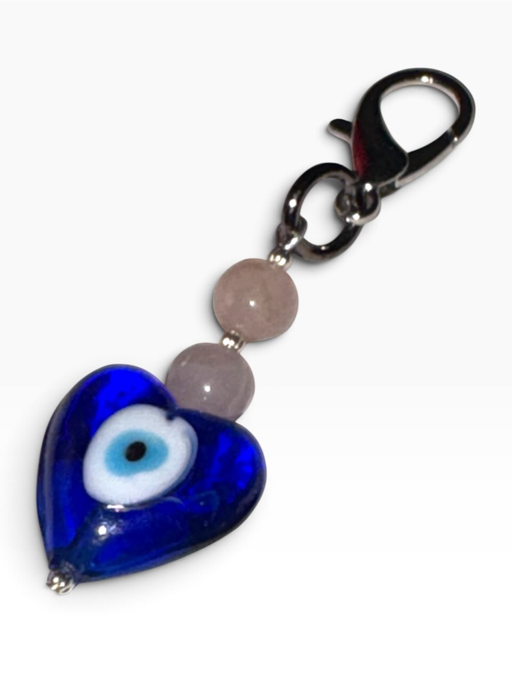 Handcrafted Rose Quartz Evil Eye Heart Glass Purse Charm